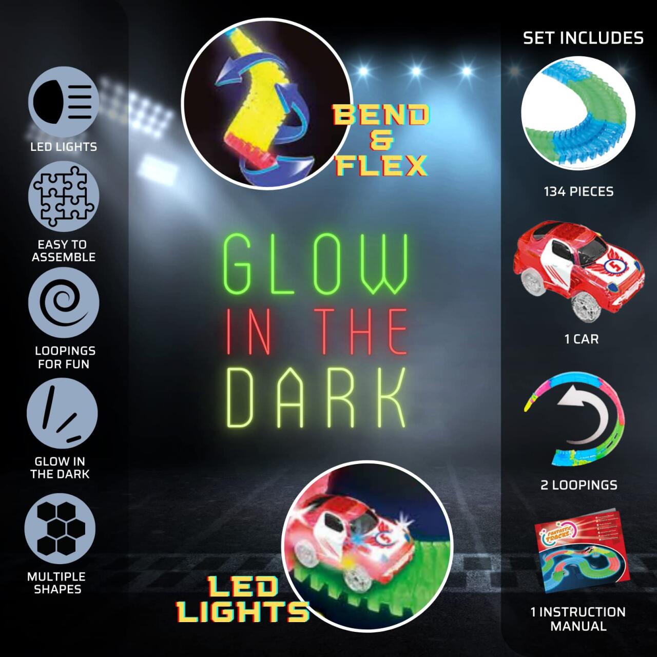 Light-Up Race Track with Loops - 134 Pieces and LED Car