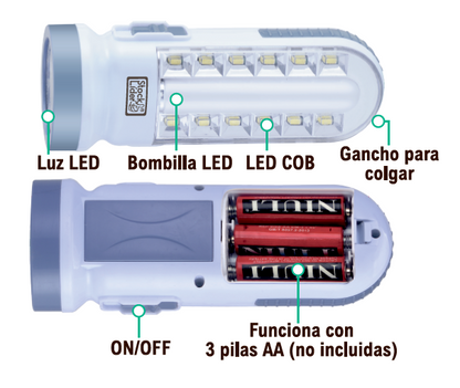 Lâmpada de Trabalho LED + COB 500 lm - Alcance 300 m - Gancho - Portátil - Stock Líder