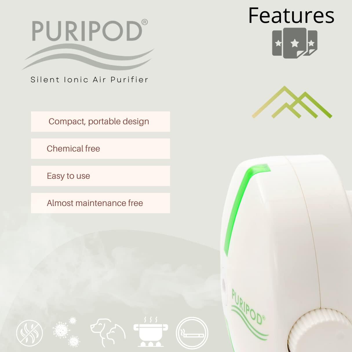 PURIPOD Ionizer Air Purifier - Clean and Fresh Air - Allergens, Dust, Pollen, Bad Odors