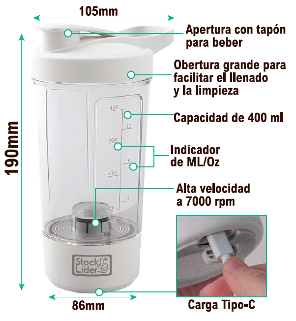 Vaso Misturador Elétrico 7.000 rpm | 400ml | Recarregável USB-C | Sem BPA | Stock Líder
