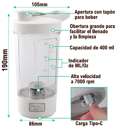 Vaso Misturador Elétrico 7.000 rpm | 400ml | Recarregável USB-C | Sem BPA | Stock Líder