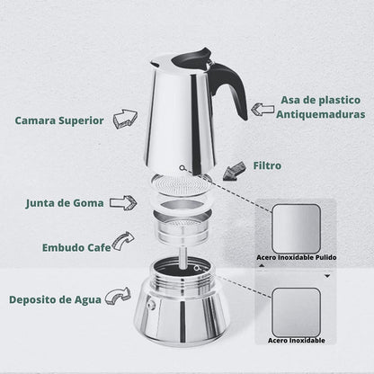 Cafetera Italiana de Acero Inoxidable 9 Tazas | Inducción | Antidrop | Acabado Espejo