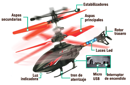 Helicóptero RC Apache con Luces LED | Giroscopio | Mando | Hasta 9m Altura