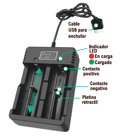 Cargador de Pilas Litio 3.7V USB | Compatible con 18650, 21700 y más | Stock Líder