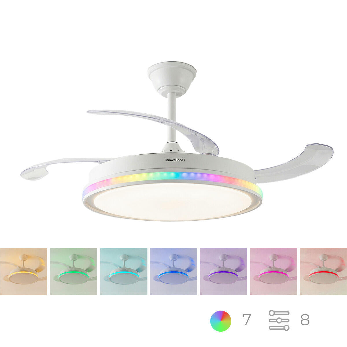 Ventilador de Techo con Luz LED RGB InnovaGoods | 4 Aspas Retráctiles | Motor DC | Mando