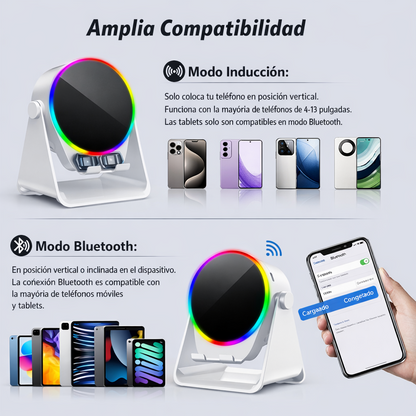 Altavoz Bluetooth Giratorio 4 en 1 | Luz RGB | Inducción Inalámbrica | Soporte 360º | Power Bank 5000mAh