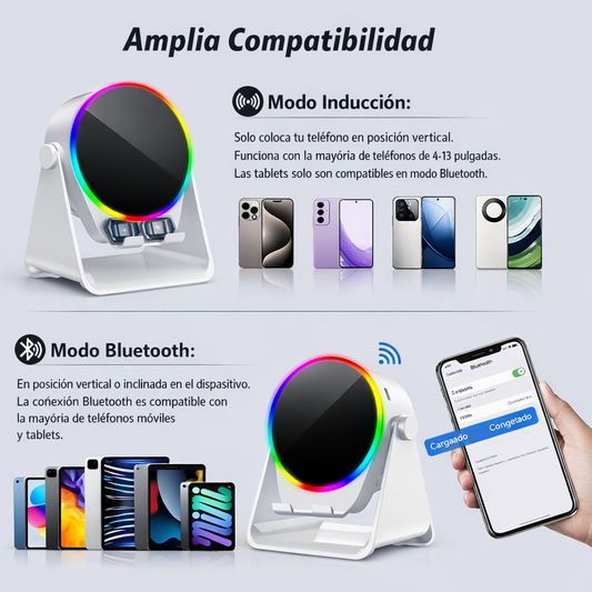 Altavoz Bluetooth Giratorio 4 en 1 | Luz RGB | Inducción Inalámbrica | Soporte 360º | Power Bank 5000mAh