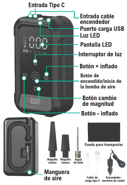 Compresor de Aire Eléctrico Portátil | Inalámbrico | Pantalla Digital | Luz LED | Stock Líder