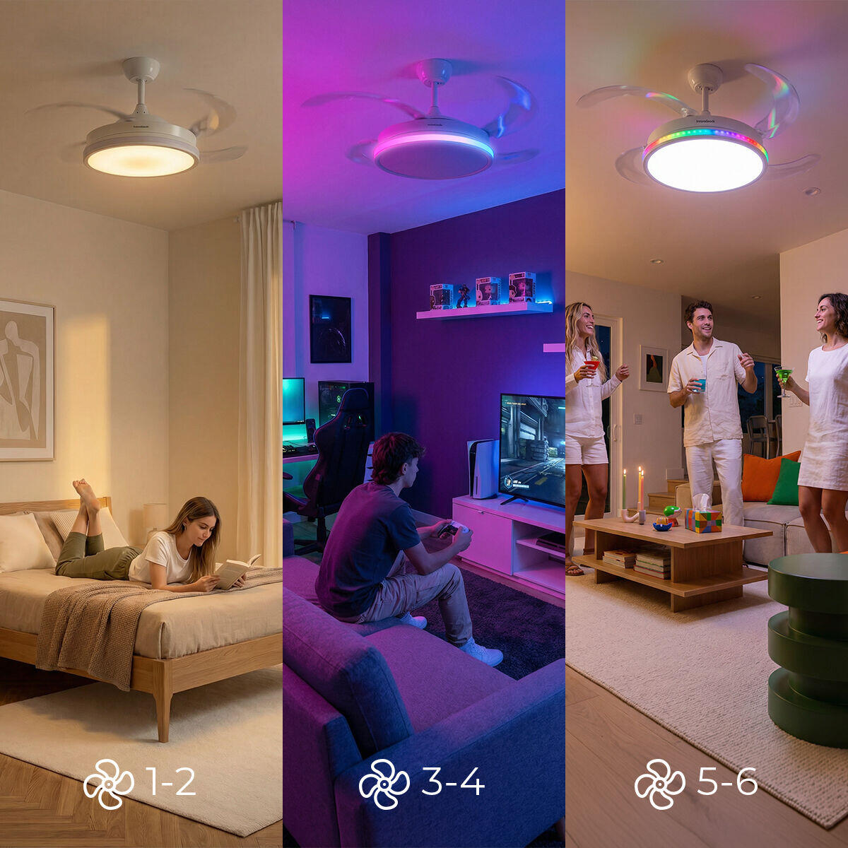 Ventilador de Techo con Luz LED RGB InnovaGoods | 4 Aspas Retráctiles | Motor DC | Mando