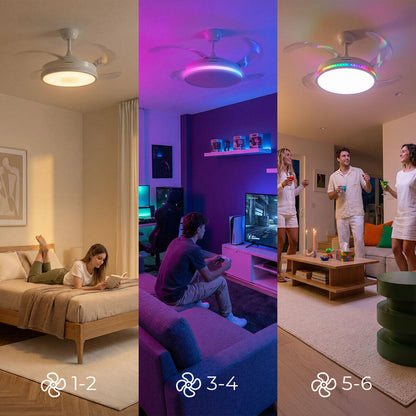 Ventilador de Techo con Luz LED RGB InnovaGoods | 4 Aspas Retráctiles | Motor DC | Mando